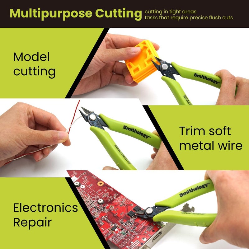 Smithology 4.8” Micro Flush Cutters 3PCS | Made from High Carbon Steel with Hidden Springback Design & Non-Slip Handles for Trimming Metal Wires, Zip Ties, Cables, Circuit Boards, & DIY Projects - Image 3